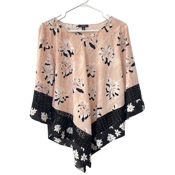 Alfani Blouse Size XL Petite Floral Crochet Trim V Hem Top Pink Black Bohemian - Picture 2 of 8